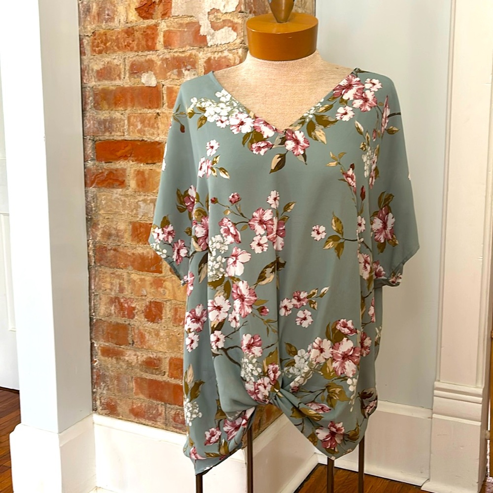 Pretty sage, pink and olive floral blouse with twist detail